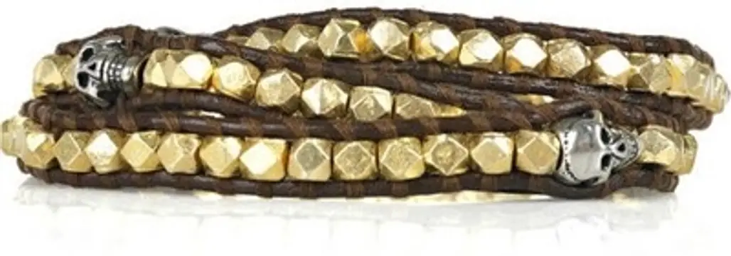 Chan Luu 14-Karat Gold-Vermeil Leather Skull Bracelet
