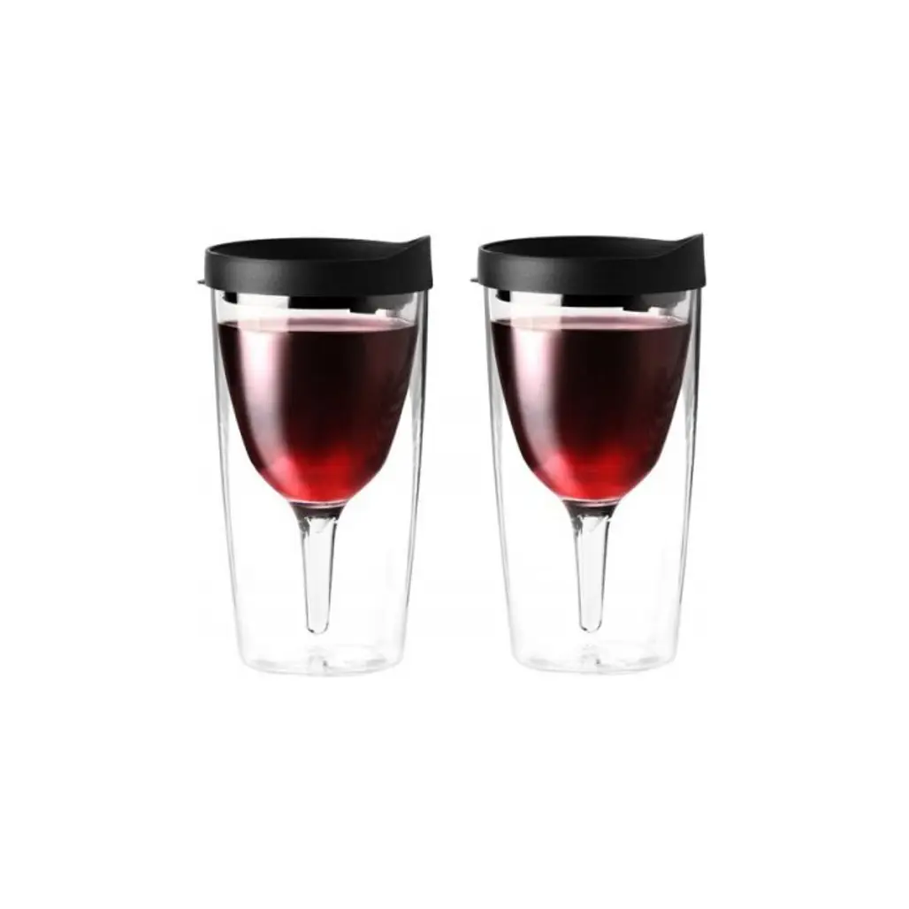 Vino2Go Business Black Insulated 10 Ounce Wine Tumbler with Drink through Lid, Set of 2