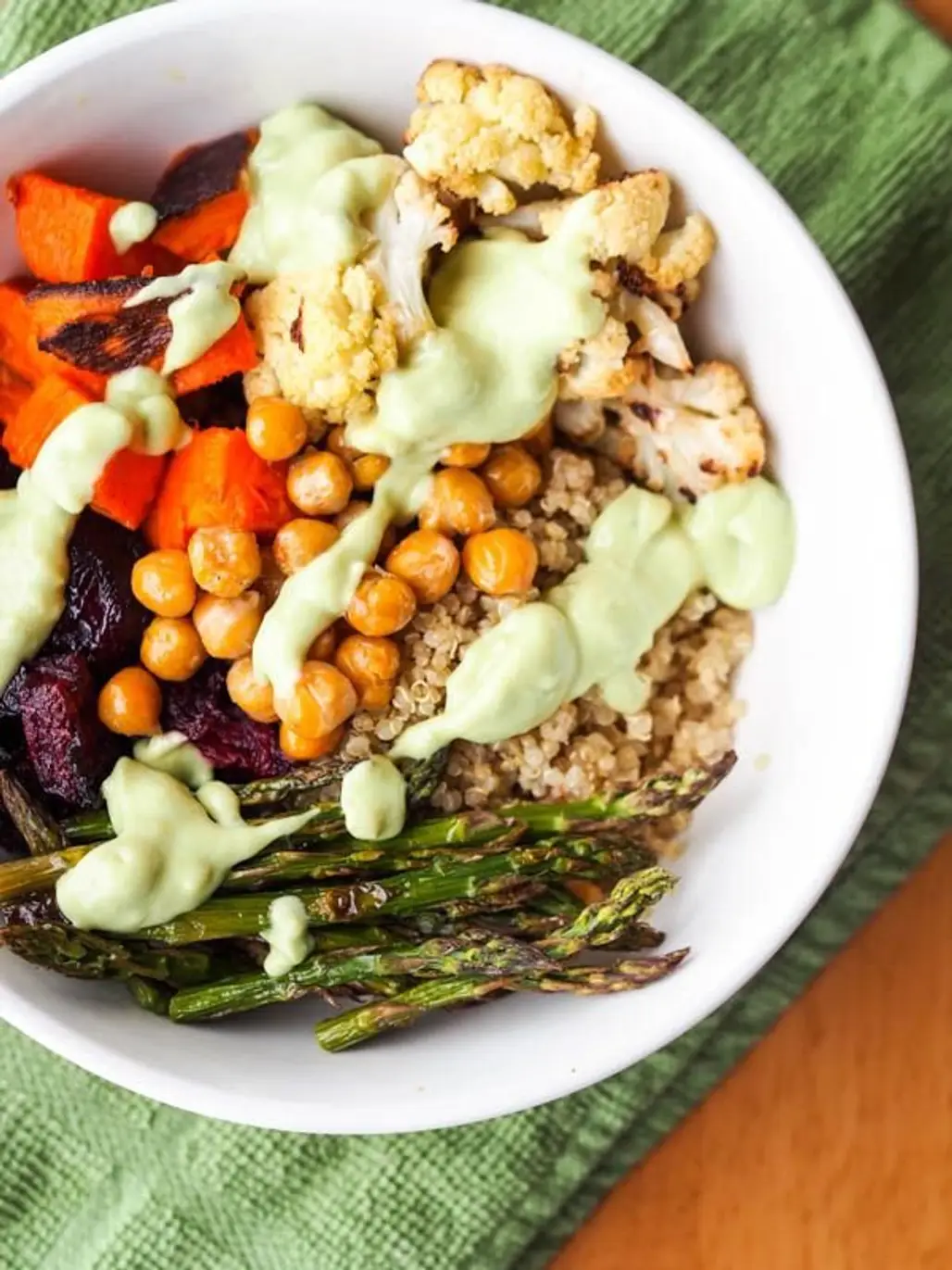 Vegan Quinoa Power Bowls with Roasted Veggies and Avocado Sauce