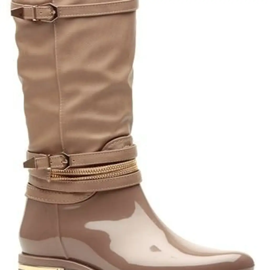 Taupe Faux Patent Buckle Accent Calf Length Rain Boots