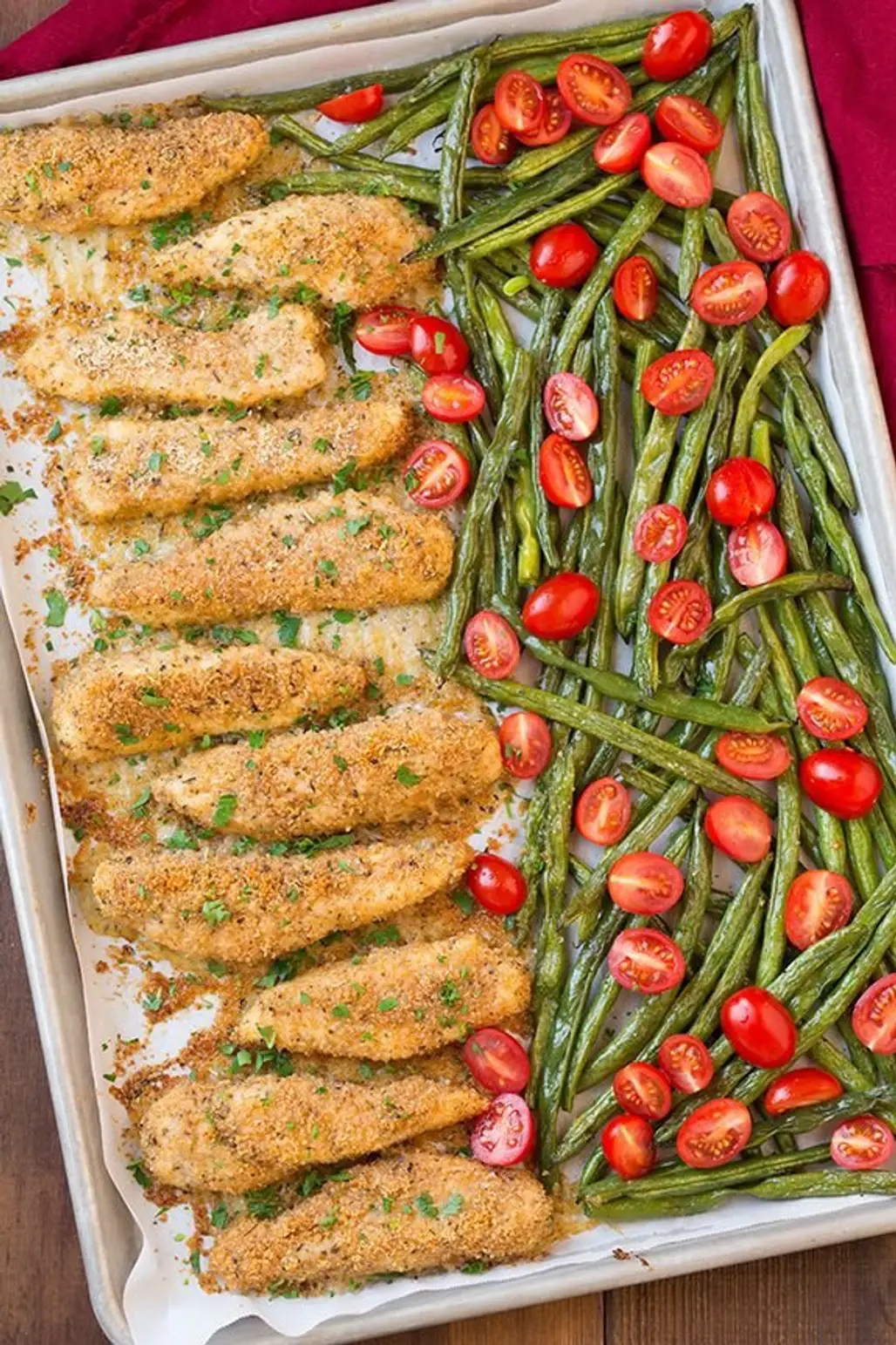 One Pan Roasted Garlic Parmesan Chicken Tenders and Green Beans