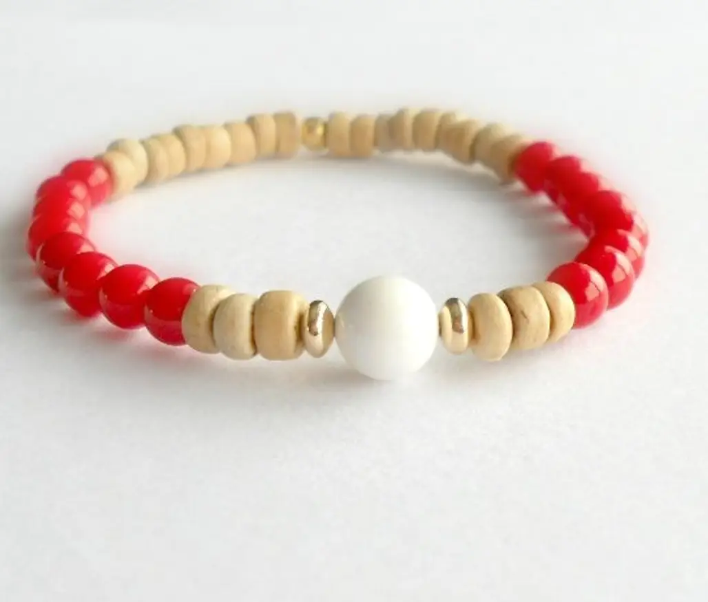 Red Coral and Natural Coconut with Tridacna Shell and 14K Gold Bracelet