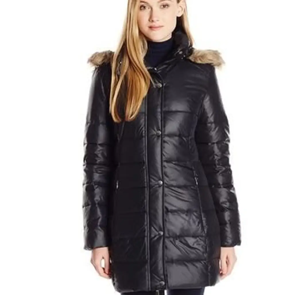 Big Chill Women's Mid-Length Puffer Coat with Faux Fur-Trimmed Hood