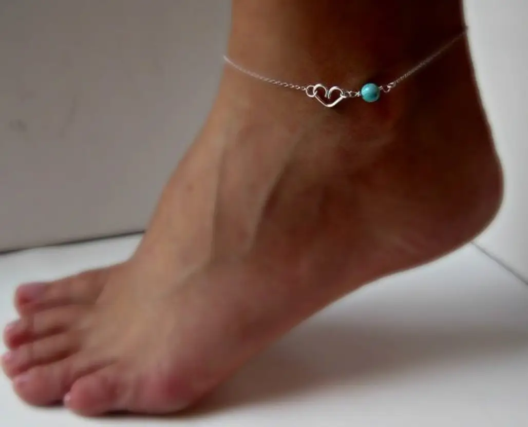 Sterling Silver Heart Anklet with Turquoise