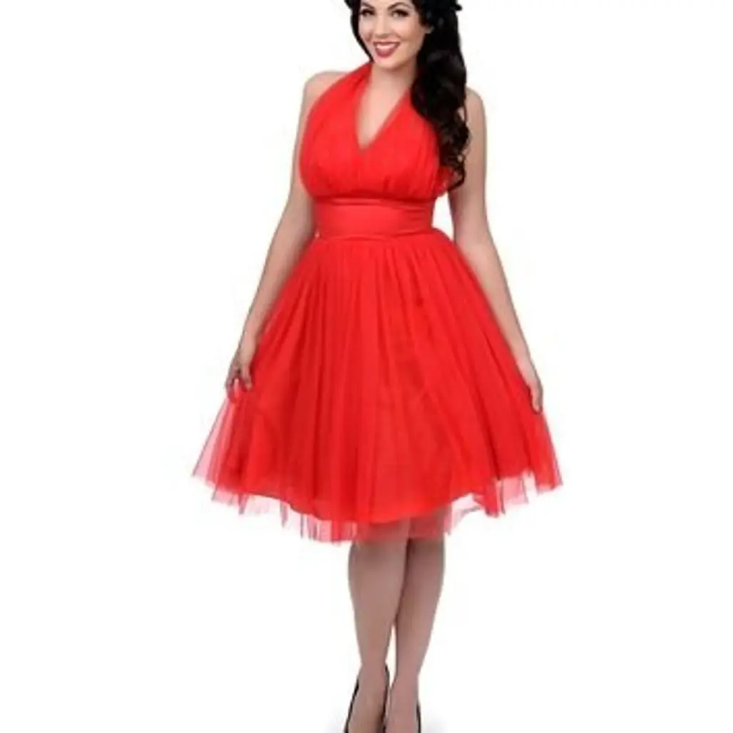 Unique Vintage 1950s Style Red Midtown Halter Swing Dress