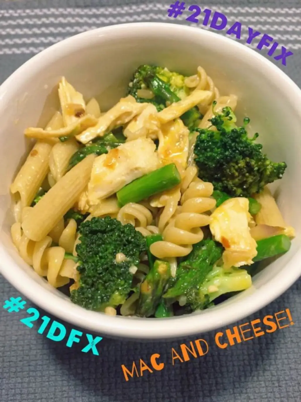 Chicken Mac and Cheese with Asparagus and Broccoli