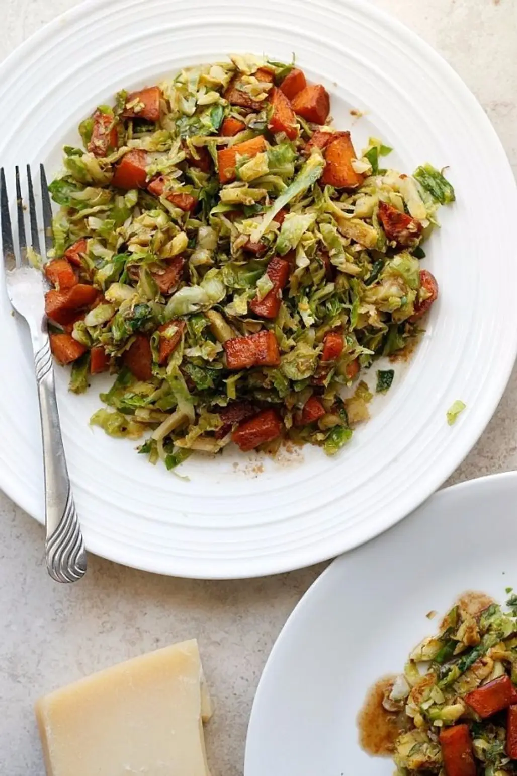 Warm Sweet Potato and Brussels Sprouts Salad with a Parmesan Vinaigrette