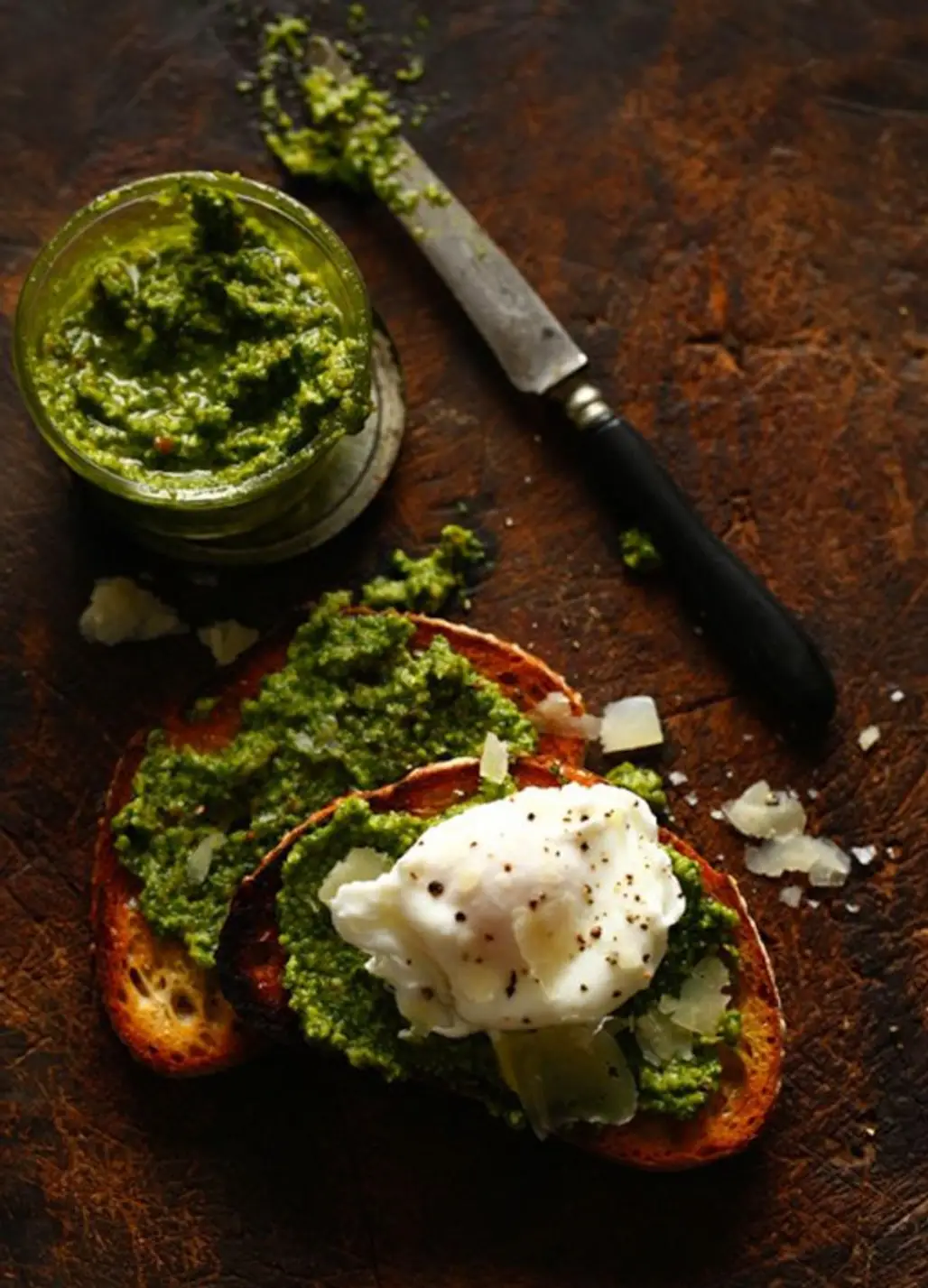 Crostini with Pesto and Poached Eggs