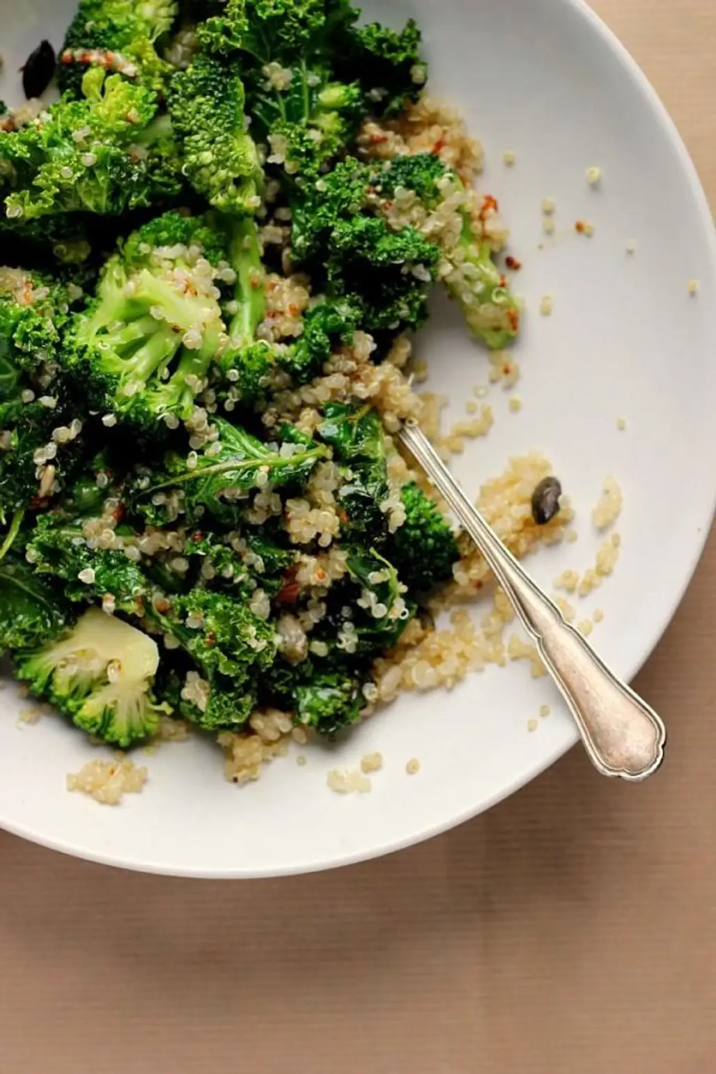 Warm Kale, Quinoa Broccoli Salad with Cider Mustard Dressing