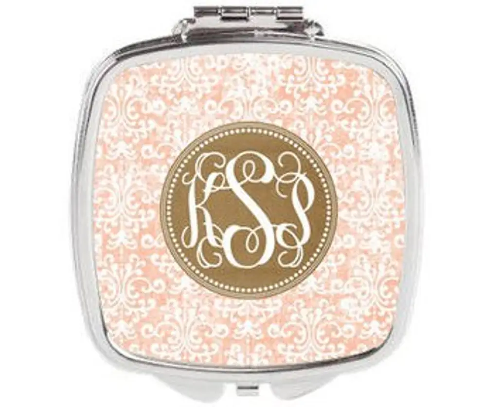 Distressed Damask & Burlap Circle Personalized Duel Compact Mirror