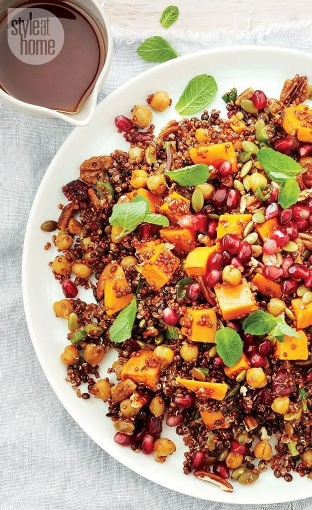 Moroccan Sweet Potato Red Quinoa and Chickpea Salad with Honey Harissa Dressing
