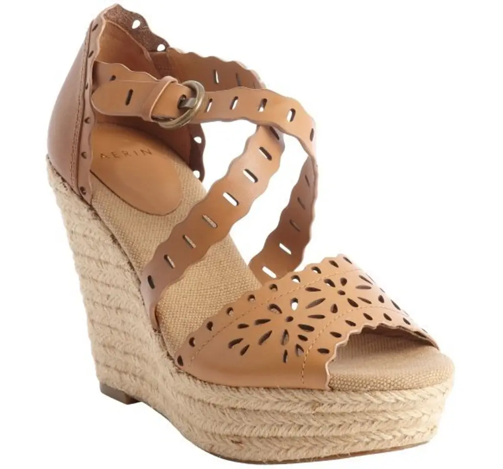 Camel Perforated Detail Leather 'Laila' Jute Wedge Sandals by Aerin