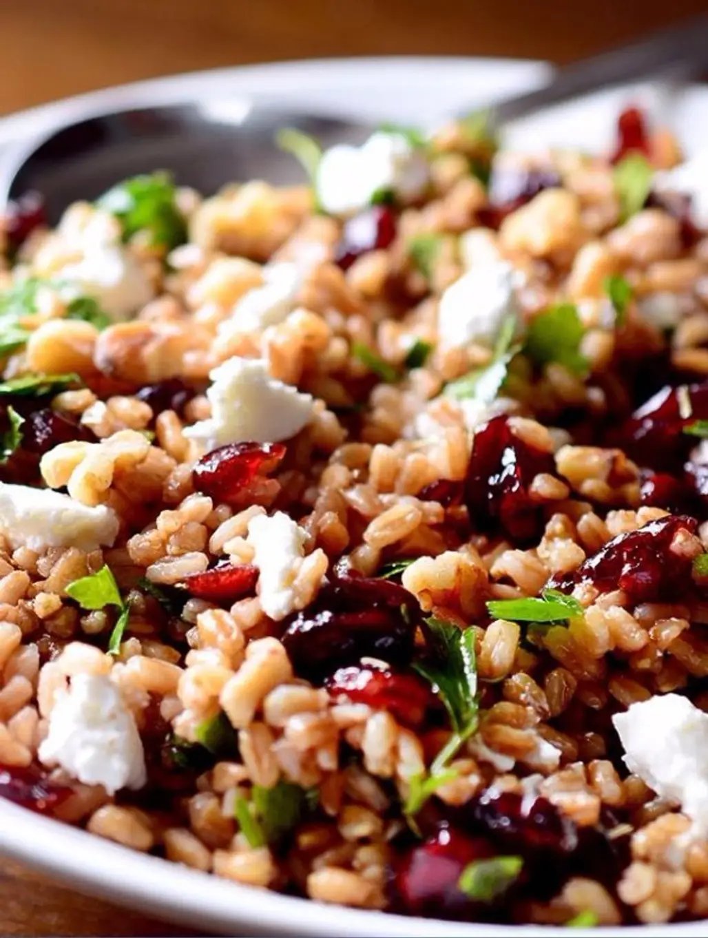 Ahearty Salad with Farro, Cranberries and Goat Cheese All Tossed in a Tangy Balsamic Vinaigrette