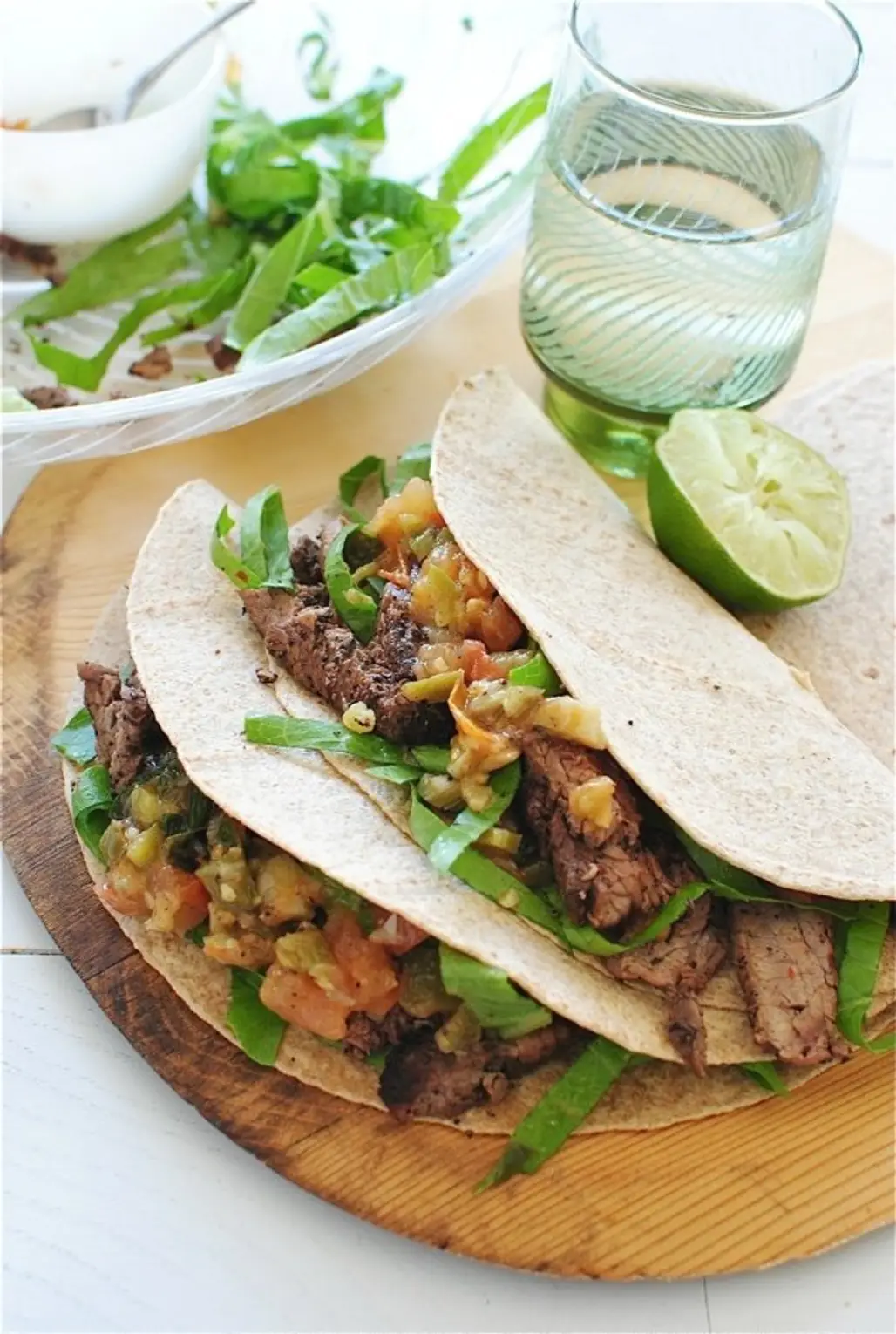 Spicy Beef and Black Bean Soft Tacos with Cucumber, Tomato and Lime Salsa