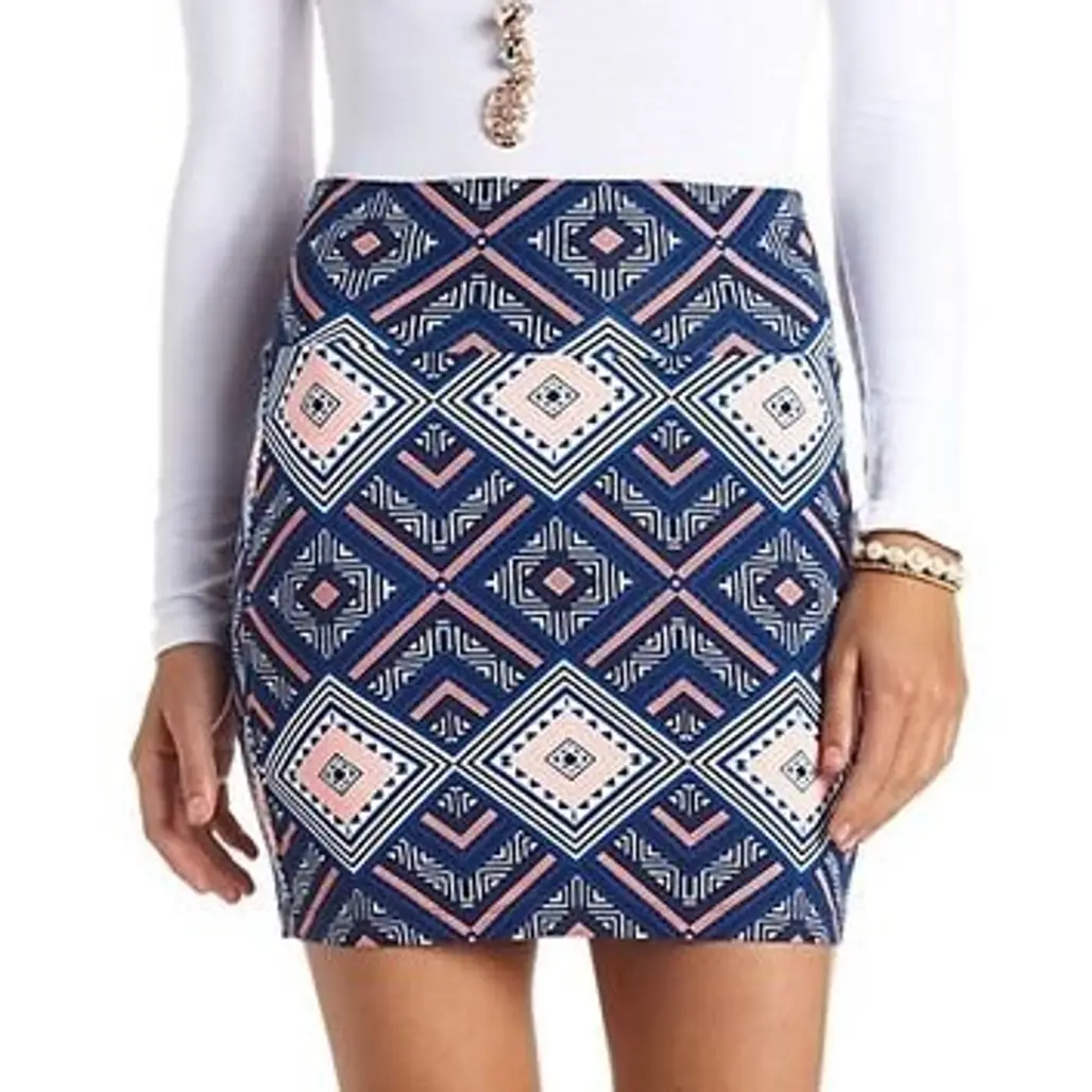 Geo-Tribal Print Bodycon Mini Skirt - Blue Combo