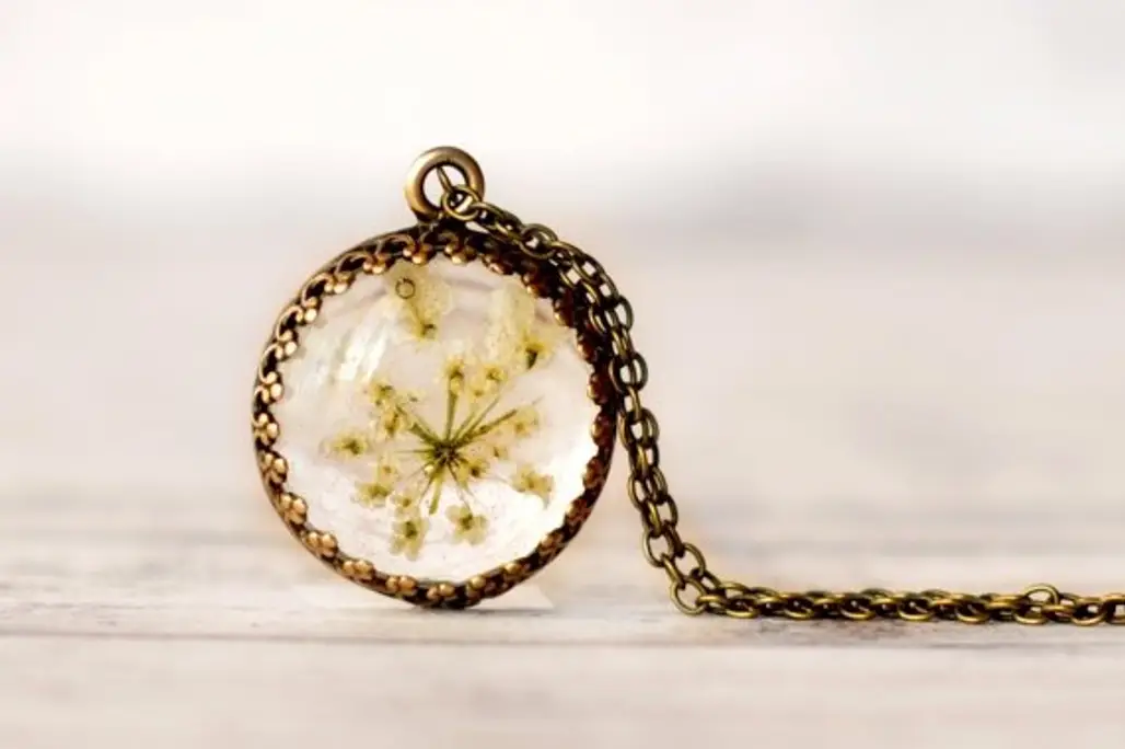 Dainty Translucent Pendant with Queen Anne's Lace Flower