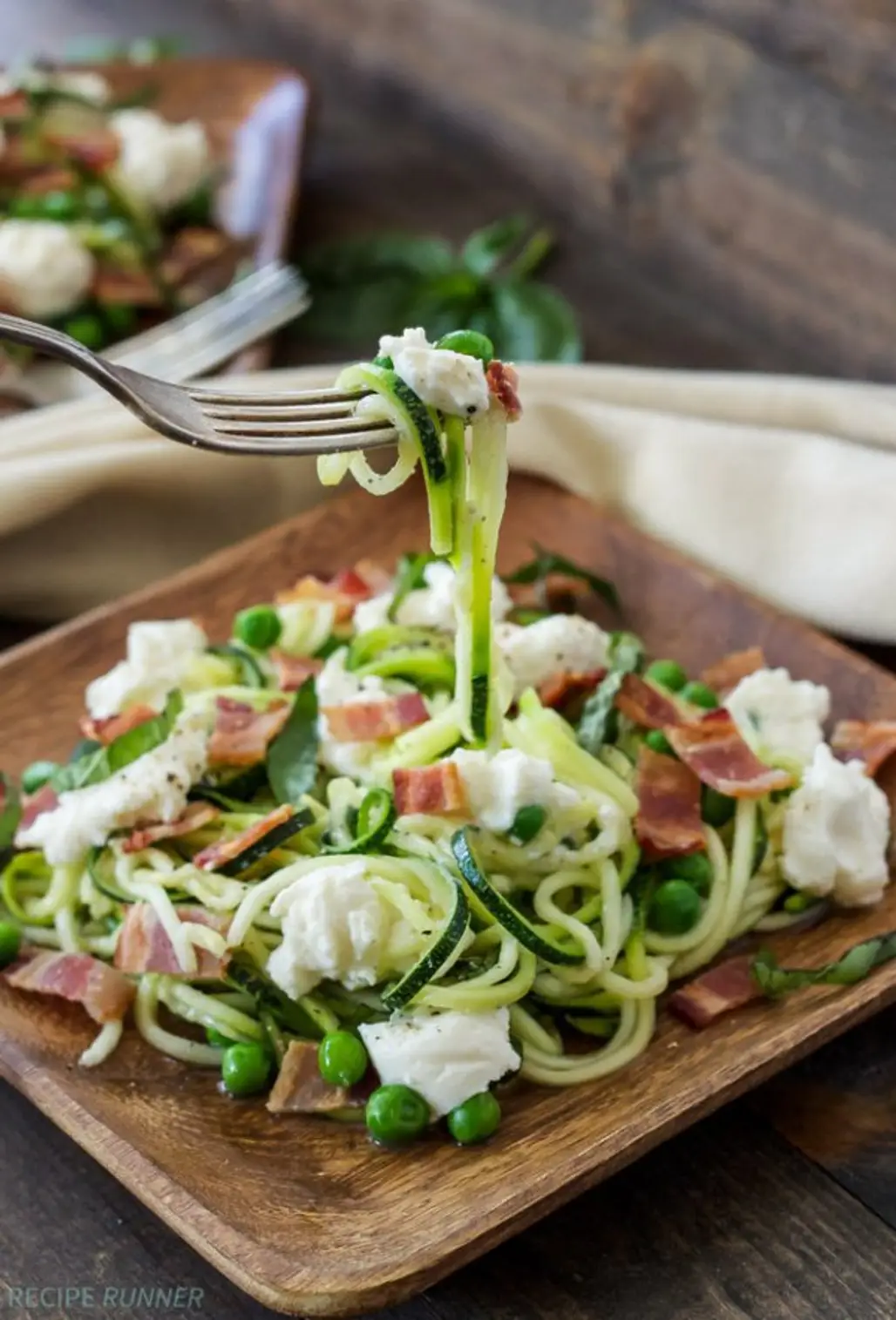Zucchini Noodles with Ricotta, Bacon, and Peas