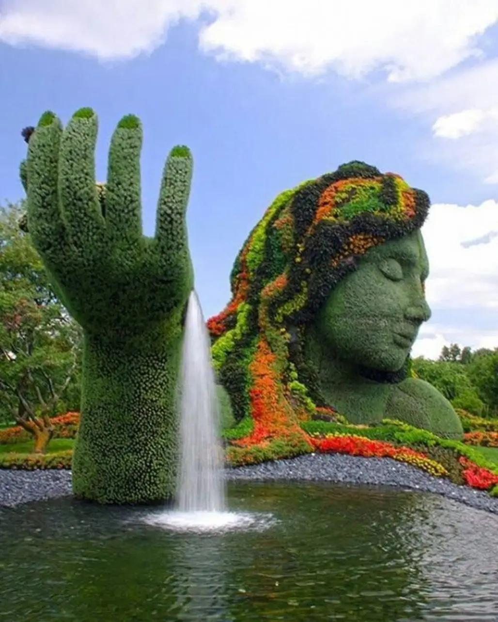 green, water, statue, sculpture, reflection,