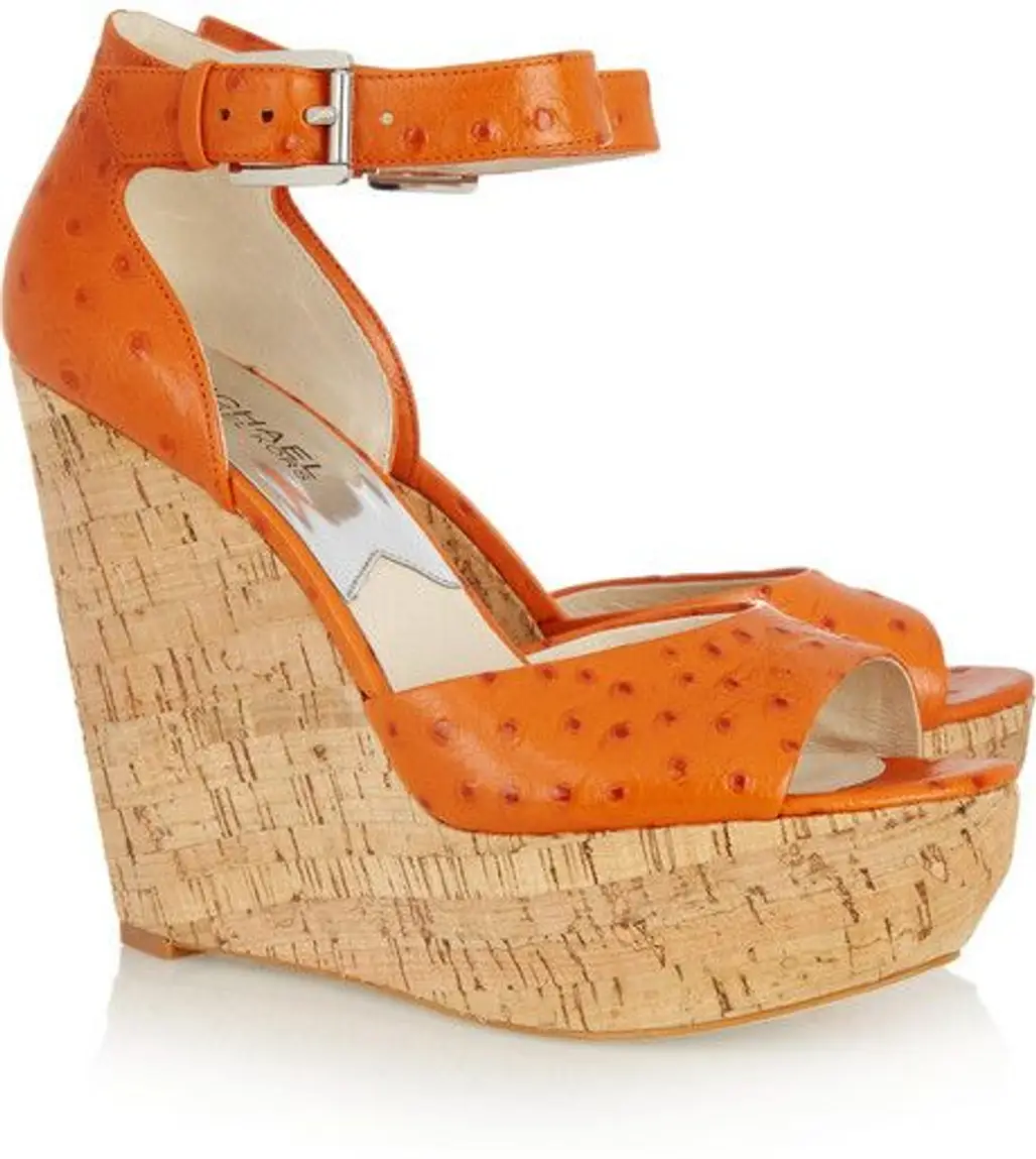 Michael Kors Ariana Ostrich-Effect Leather Wedge Sandals