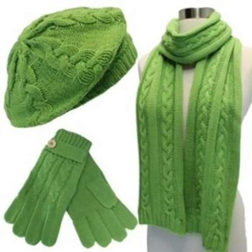 Luxury Divas Lime Green Cable Knit Beret Hat Scarf & Glove Set