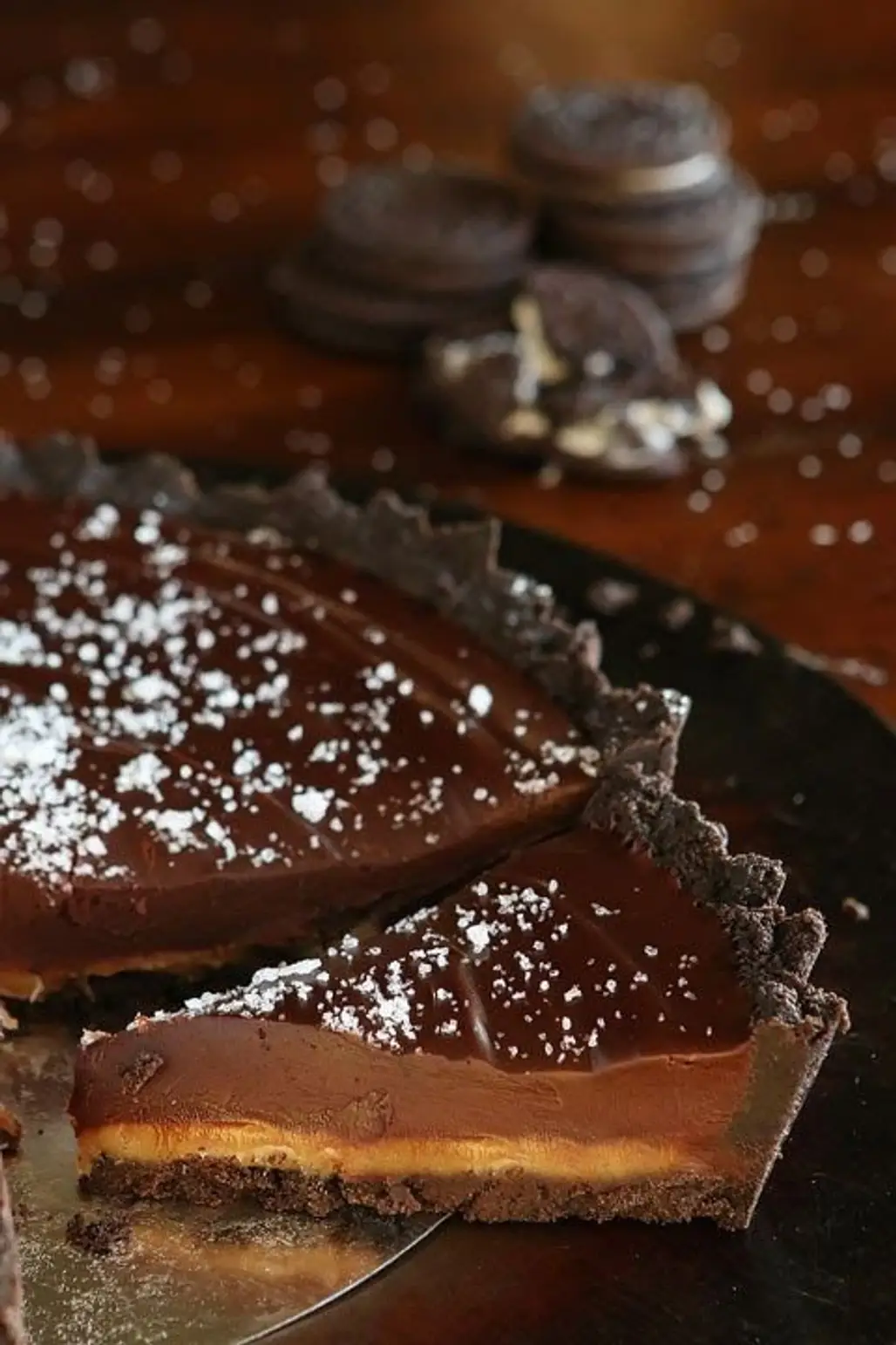 Dark Chocolate Salted Caramel Pie with an Oreo Cookie Crust