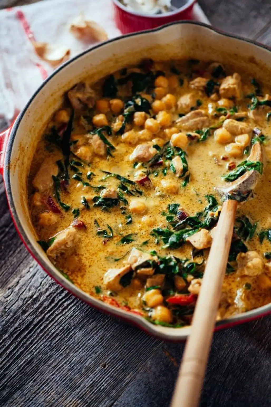 Green Chickpea and Chicken Coconut Curry with Swiss Chard