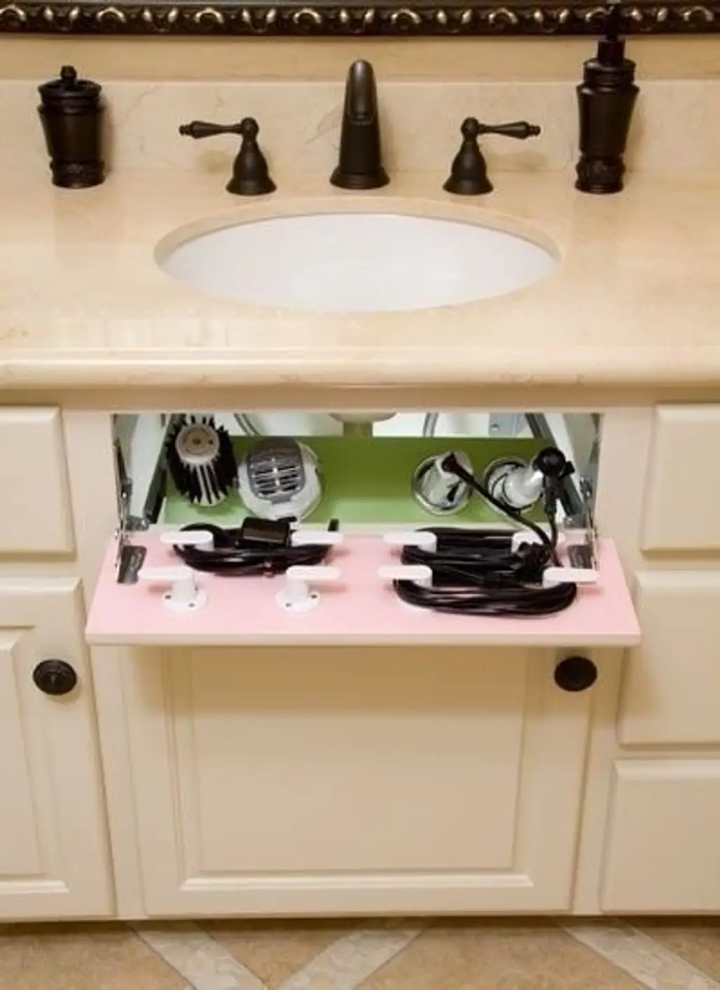 Turn the Fake Drawer in Your Cabinet into a Hair Dryer/straight Iron Storage Space