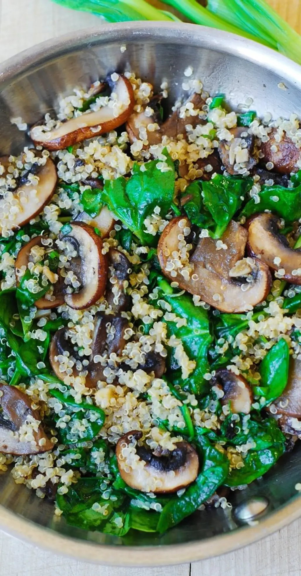 Spinach and Mushroom Quinoa Sauteed in Garlic and Olive Oil