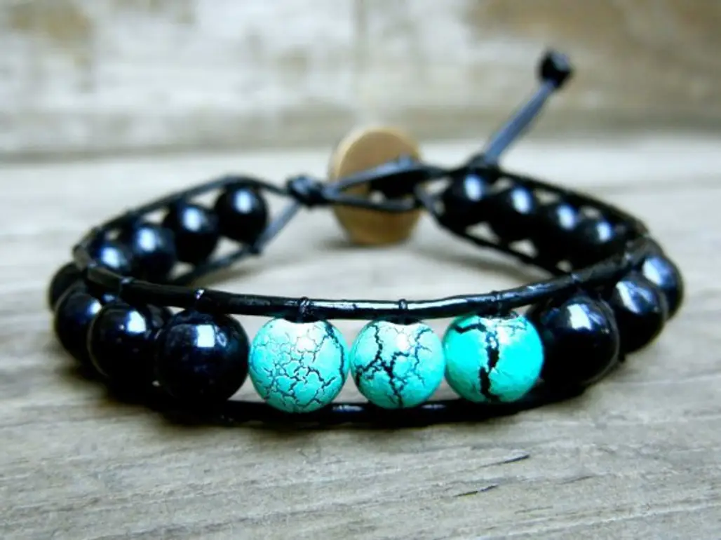 Beaded Leather Single Wrap Bracelet with Black Obsidian Gemstone and Turquoise Glass Beads