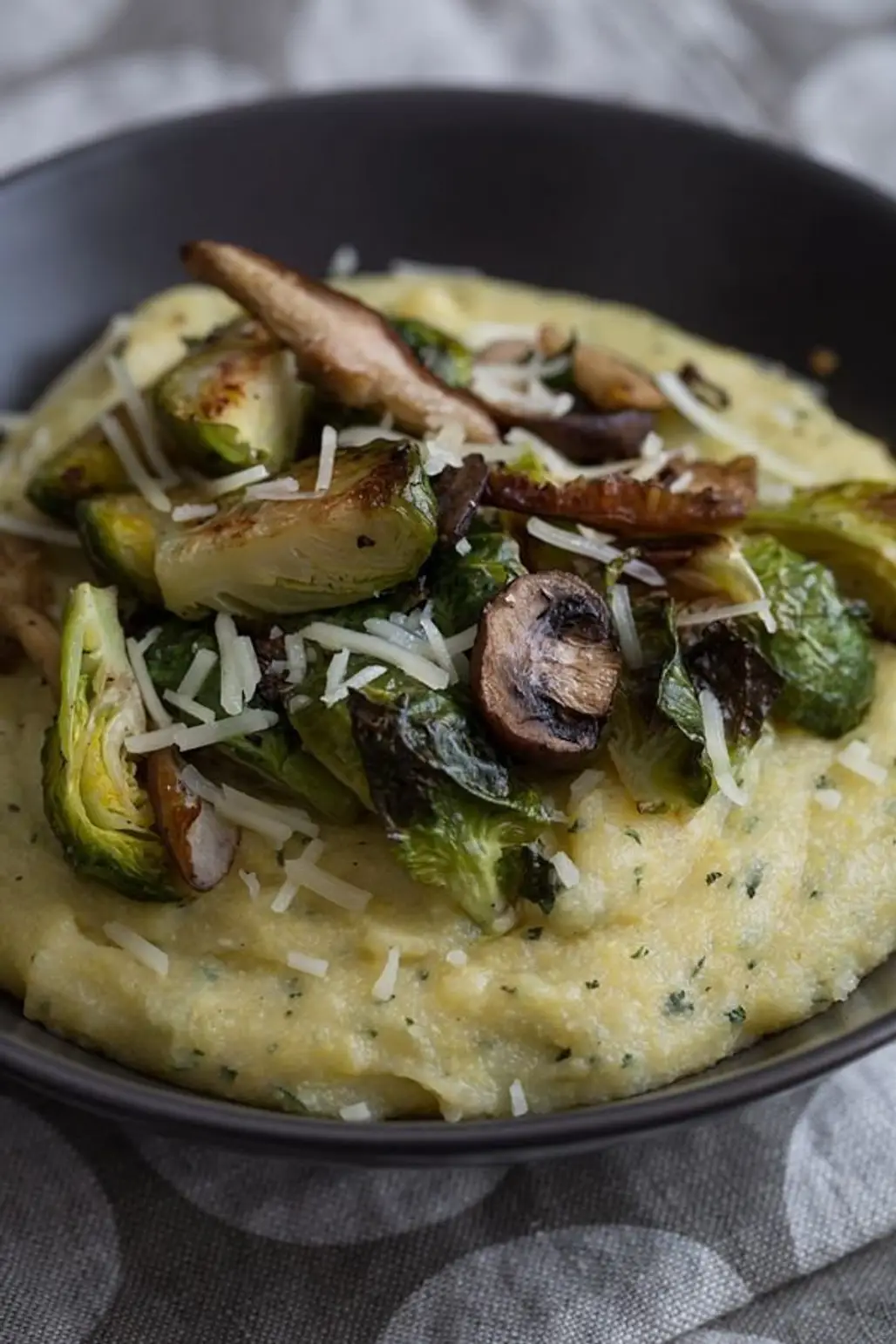 Sage Polenta Bowls with Roasted Brussels Sprouts and Wild Mushrooms