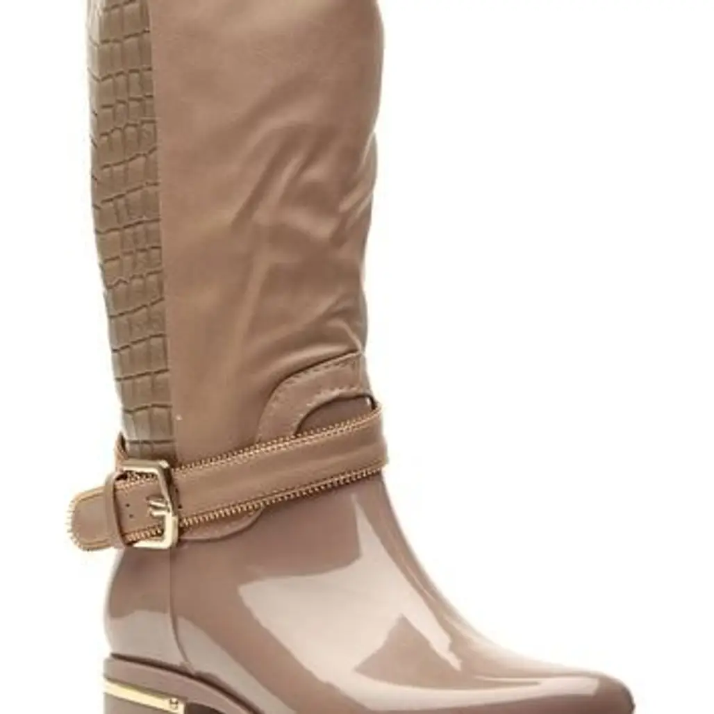 Taupe Faux Patent Gold Accent Calf Length Rain Boots