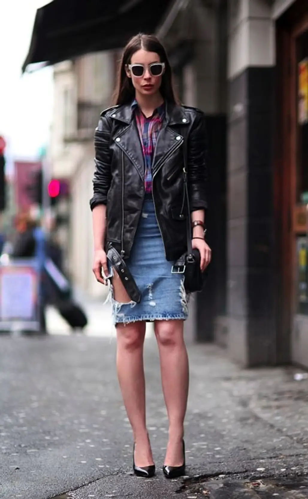 Leather Jacket + Denim Skirt