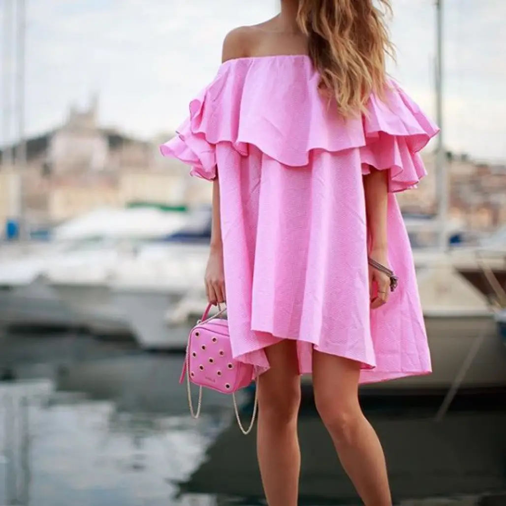 pink, clothing, dress, sleeve, magenta,