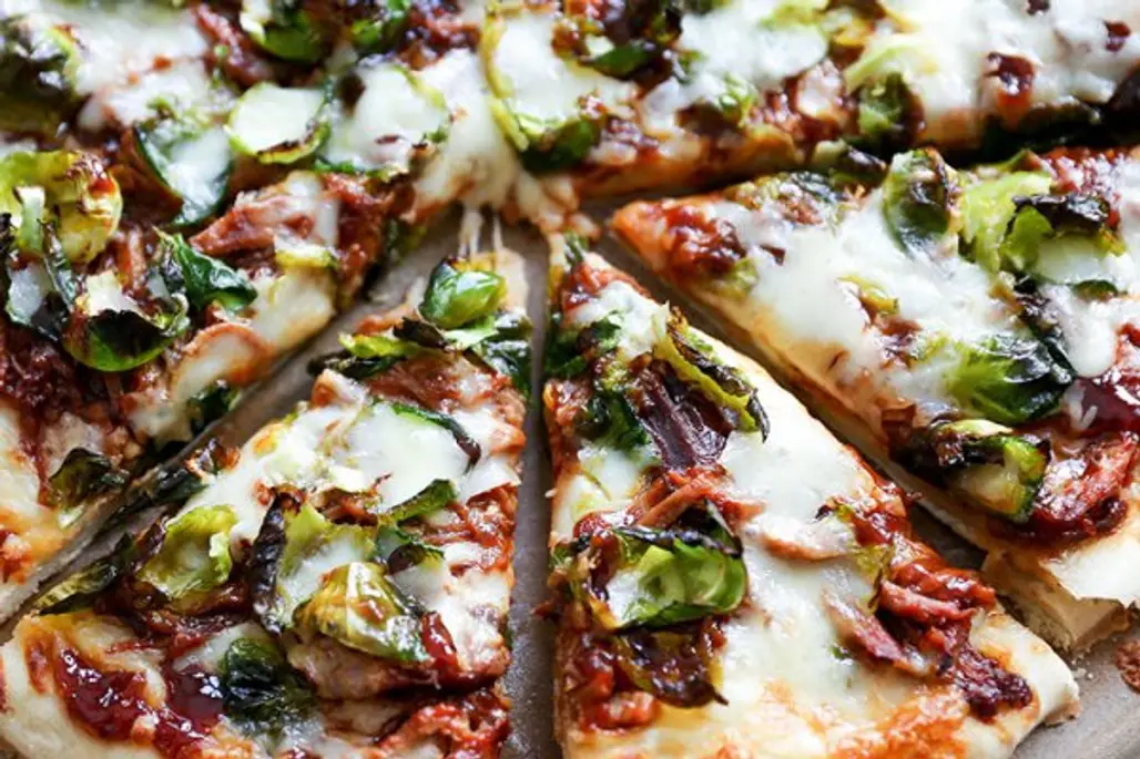 Barbecue Pulled Pork Pizza with Crispy Brussels Sprout Leaves