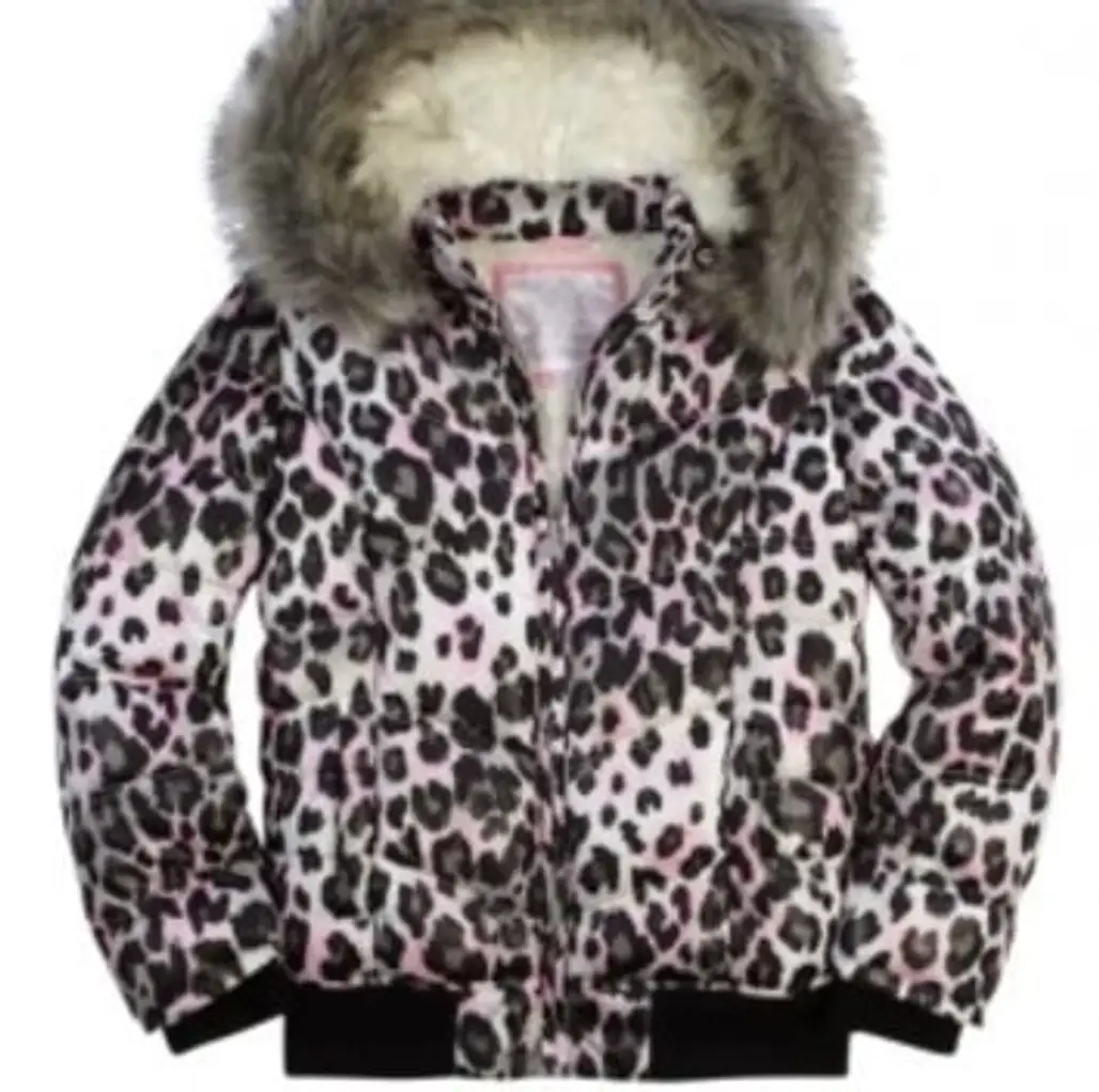 Pink Animal Print Puffer Coat with Faux Fur Hood