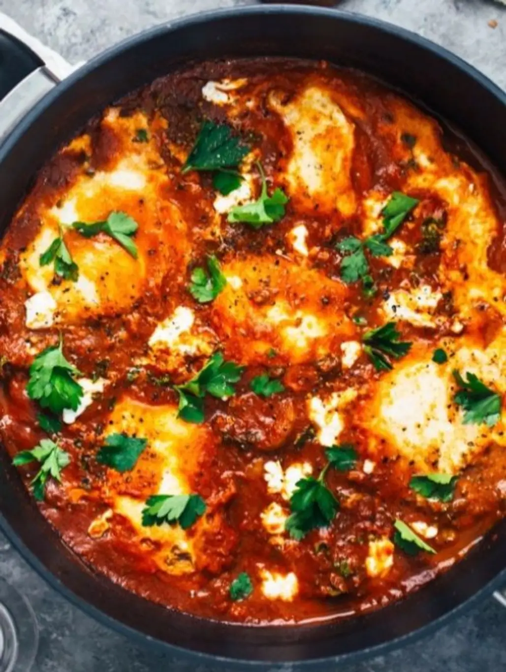 One Pot Spicy Eggs and Potatoes with Goat Cheese