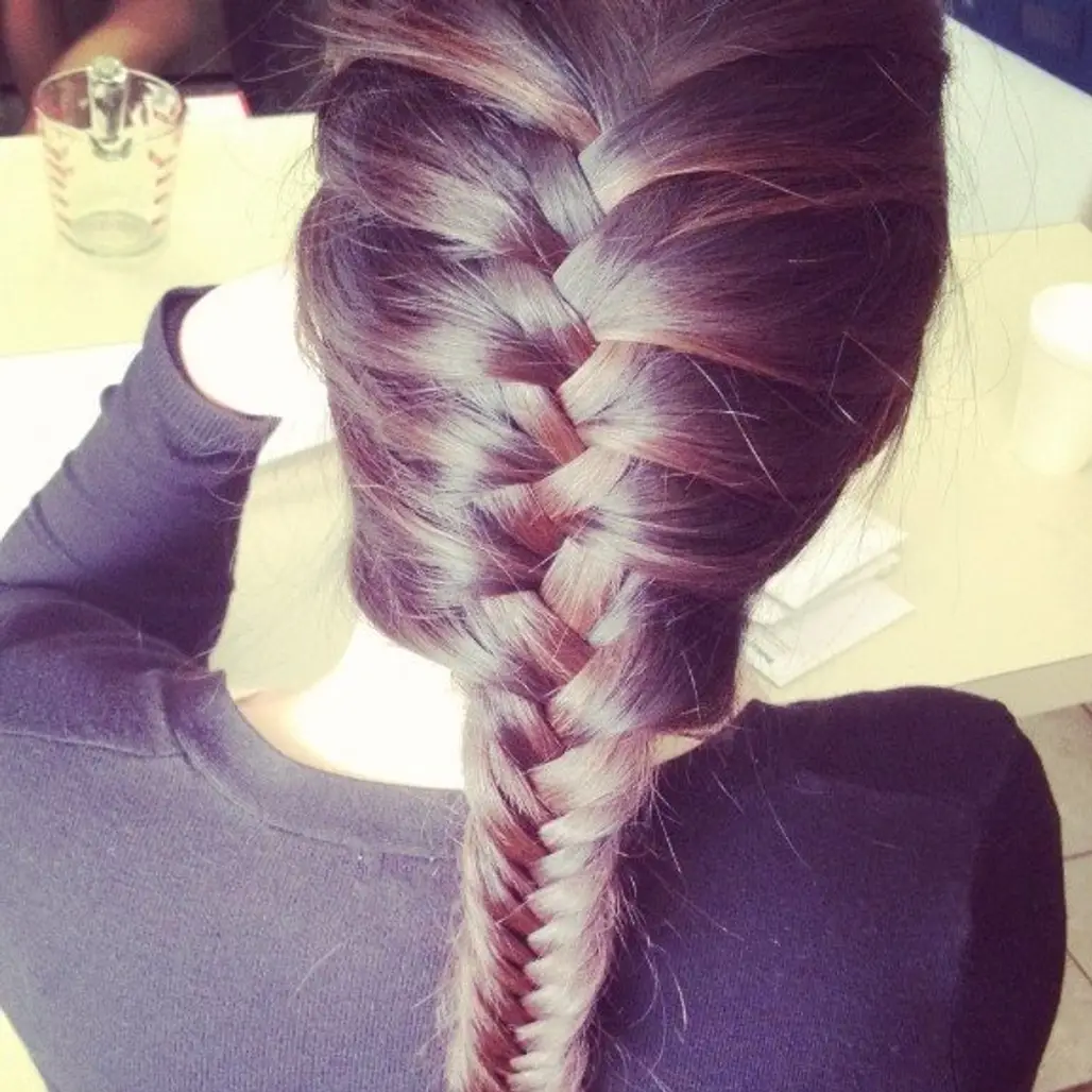 hair, hairstyle, purple, braid, french braid,