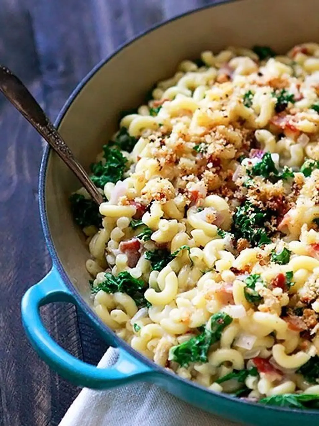 Baked White Cheddar Mac and Cheese with Kale and Bacon