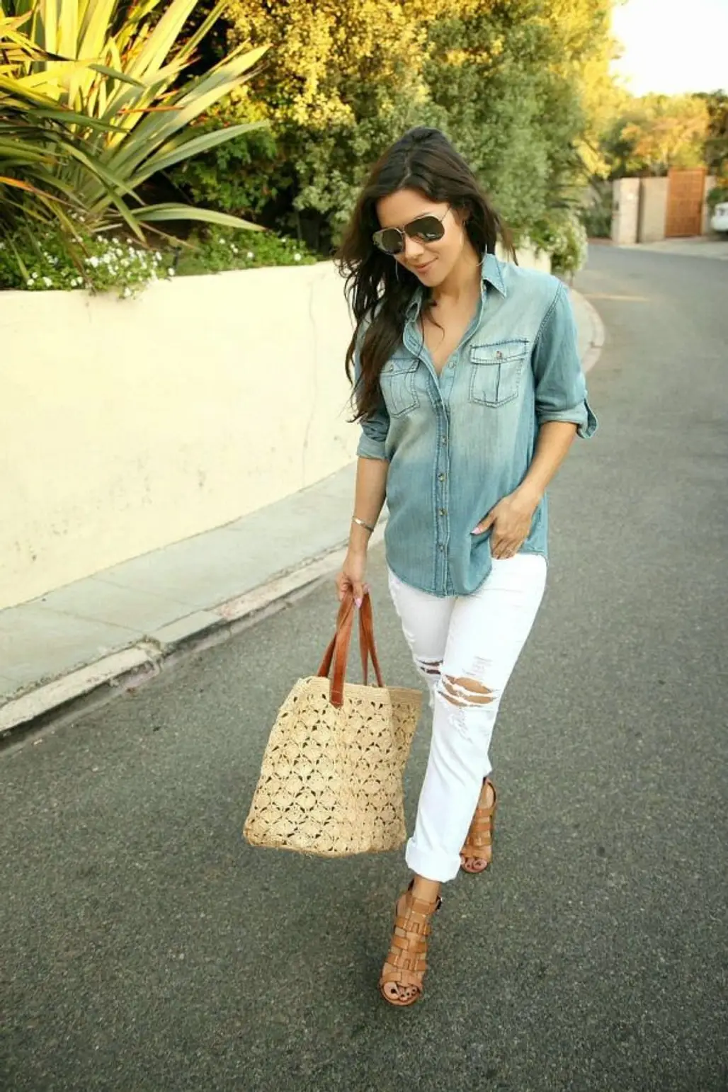 Chambray Top and Cuffed White Skinnies