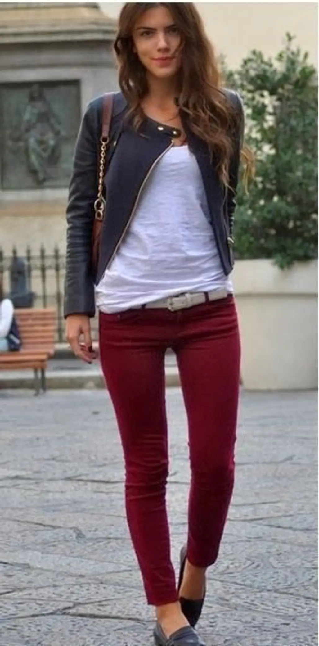 Leather Jacket and Burgundy Pants