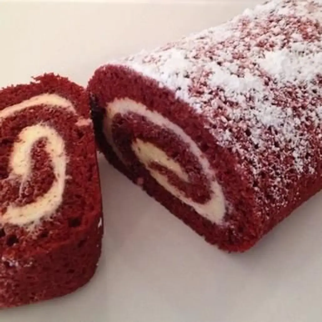 Red Velvet Cake Rolled around Smooth Cream Cheese Filling