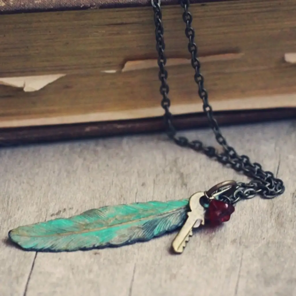 Patina Feather and Miniature Key Necklace by Violet Bella