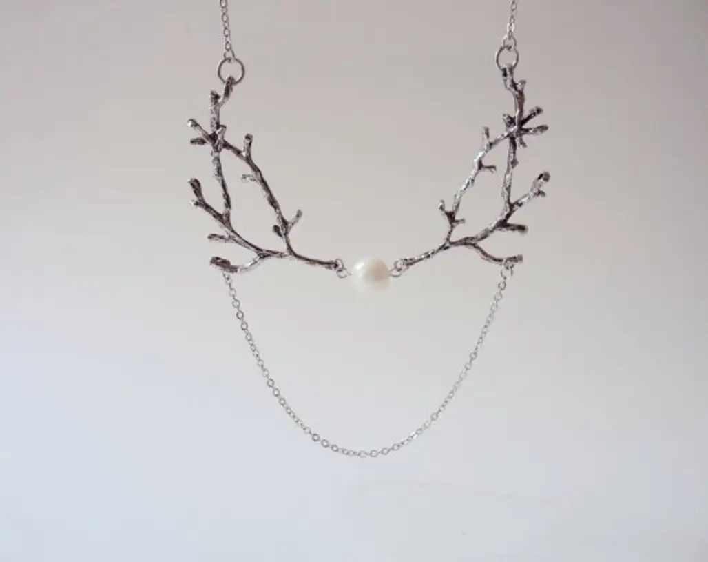 Silver Twig Necklace with Pearl