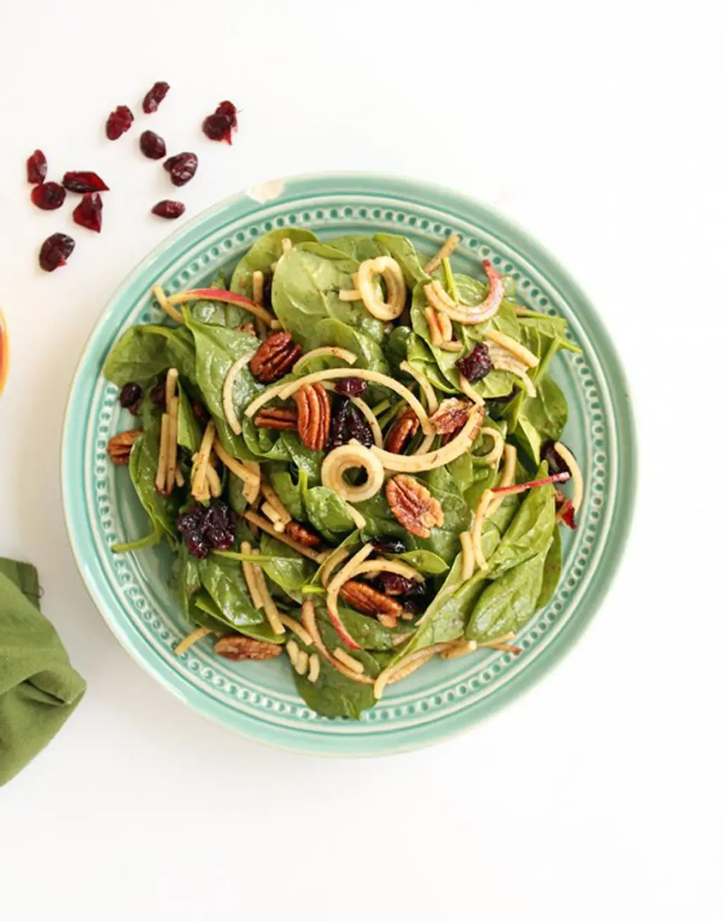 SPINACH and APPLE NOODLE SALAD with PECANS and CRANBERRIES