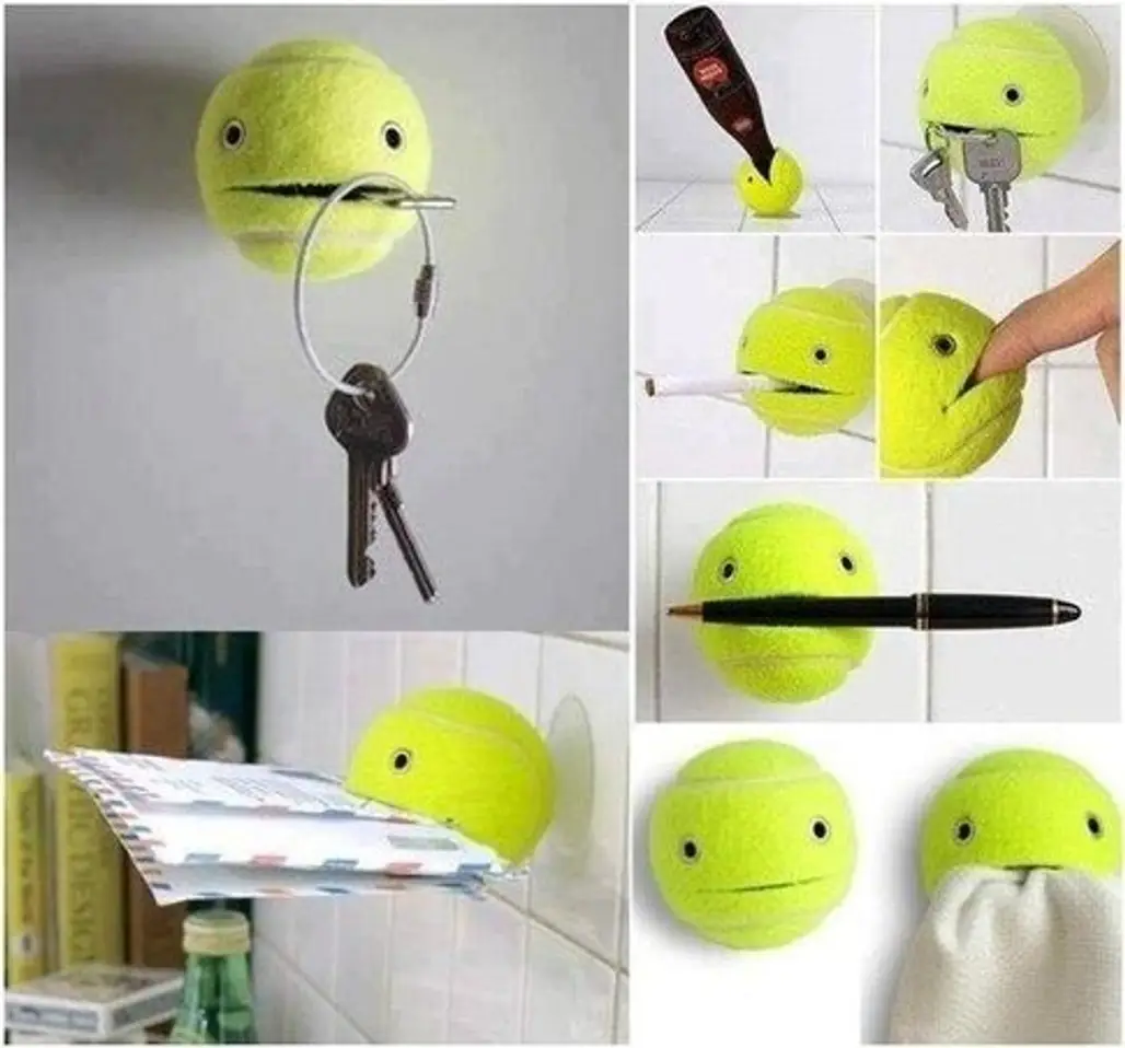 Instead of Hammering Hooks into Walls, You Can Glue a Suction Cup to a Tennis Ball, and Cut a Small Part of It Open. Instant Everything Holder!