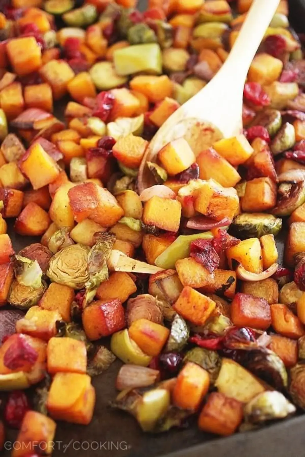 Roasted Butternut Squash and Brussels Sprouts with Cranberries, Apples and Onions
