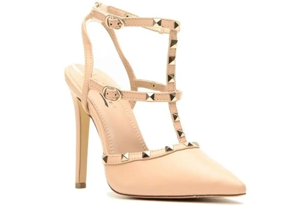 Nude Faux Leather Ankle Strap Studded Pointed Toe Heels