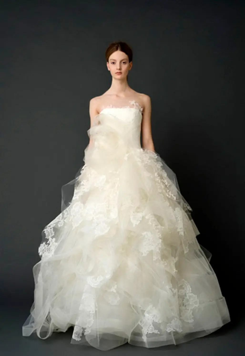 Vera Wang "Helena" Ivory Strapless Ballgown with Appliques and Full Organza Skirt