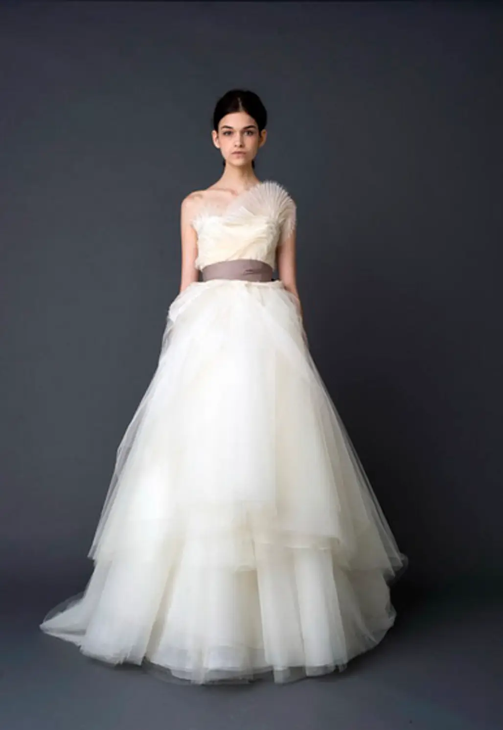 Vera Wang "Hazel" Ivory Ballerina Ballgown with Pleated Bodice and Tiered Skirt