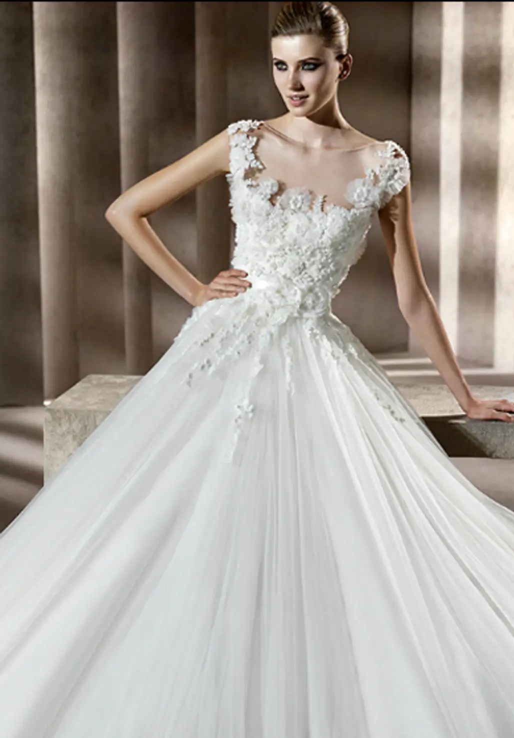 Elie by Elie Saab "Neftis" White Ballgown with Full Organza Skirt and Floral Bodice Detailing